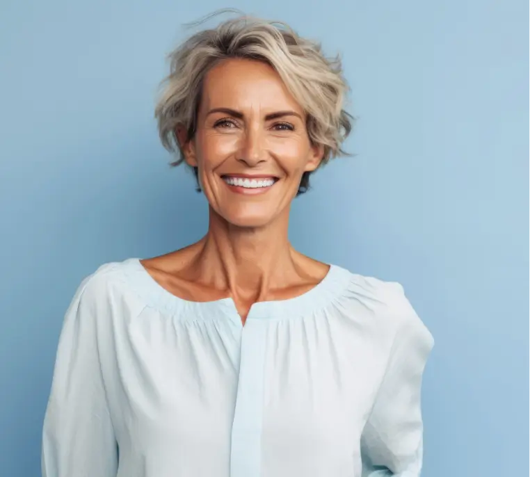 Cheerful woman smiling after deep-plane lower facelift in Newport Beach.