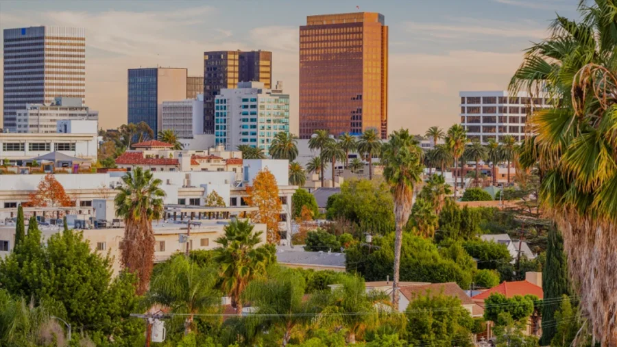 A sunny city skyline featuring a mix of modern office buildings and lush green trees. Large palm trees frame the foreground under a clear, pale blue sky. - Location in Beverly Hills, CA